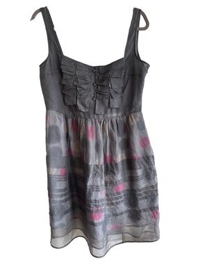 Max&Co Sleeveless Gray Ruffle Polka Dot Dress 100 % silk